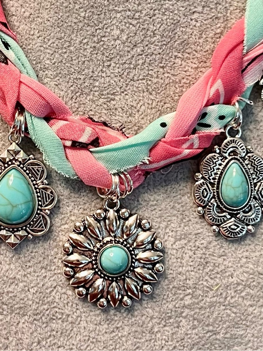 Flirty Boho Braided Pink & Mint Bandana Turquoise Pendant Necklace, 30” - Picture 3 of 6